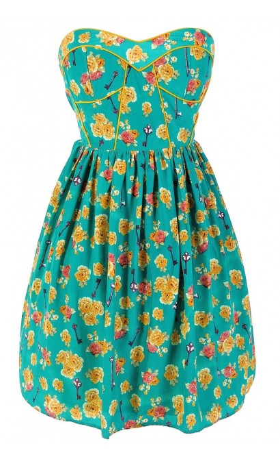Key To My Heart Printed Designer Dress by Minuet in Teal